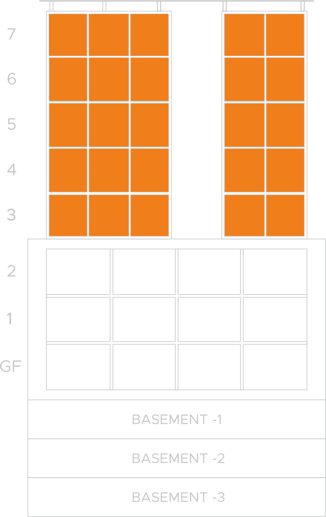 Building icon with third to seventh floor highlighted